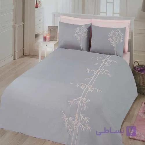 ست کاور لحاف دونفره گلدوزی رنگ طوسی روشن-صورتی