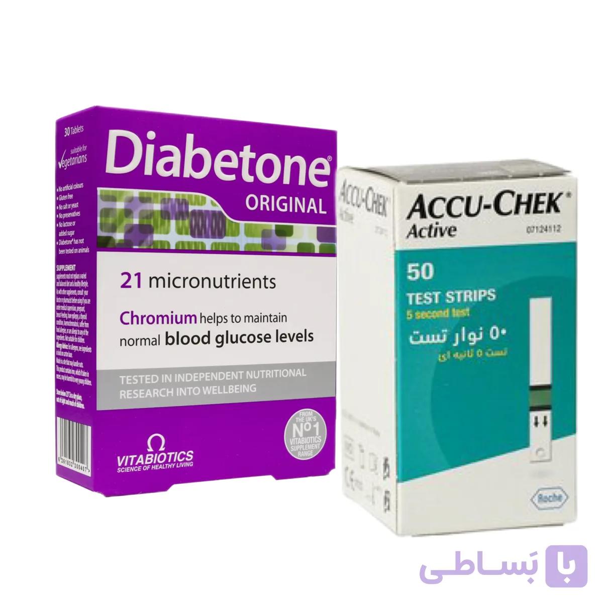 پکیج قرص دیابتون ویتابیوتیکس و نوار تست قند خون اکیو چک اکتیو اکیوچک