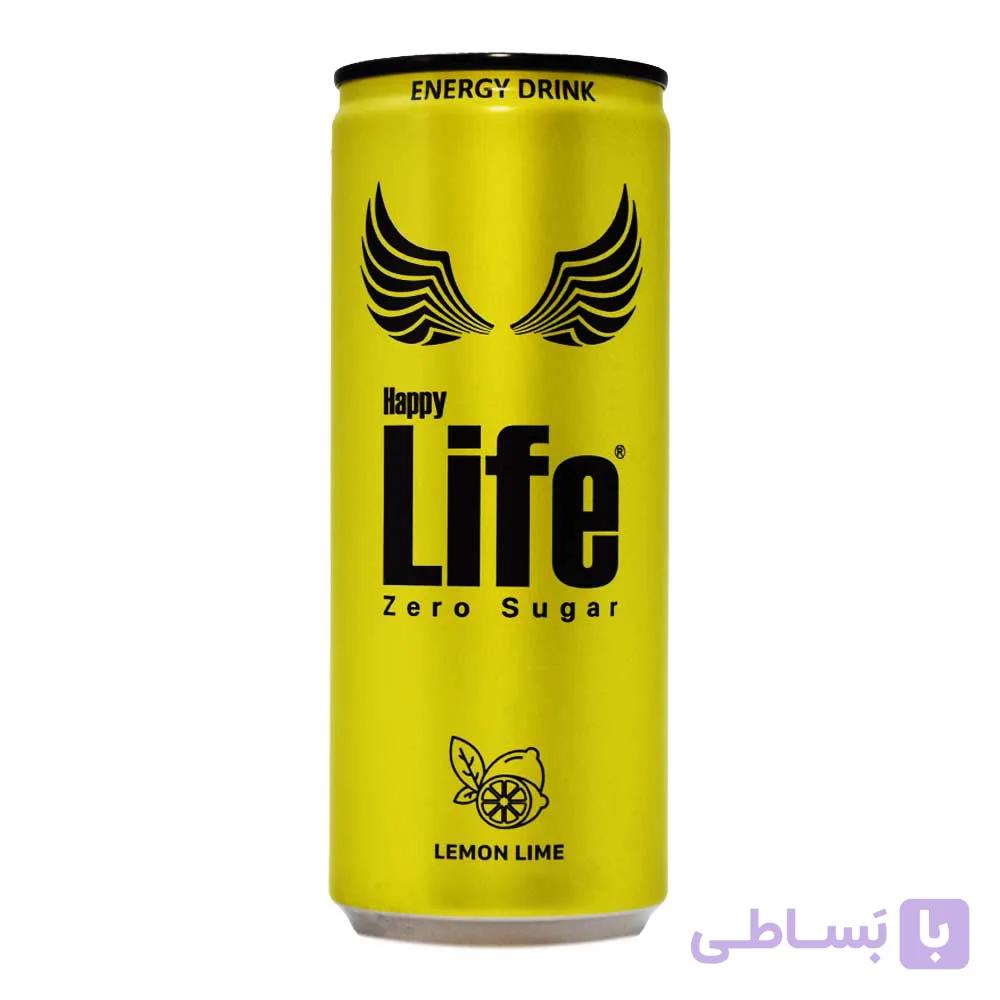 نوشیدنی انرژی زا هپی لایف HAPPY LIFE بدون شکر با طعم لیمو حجم 250 میلی لیتر
