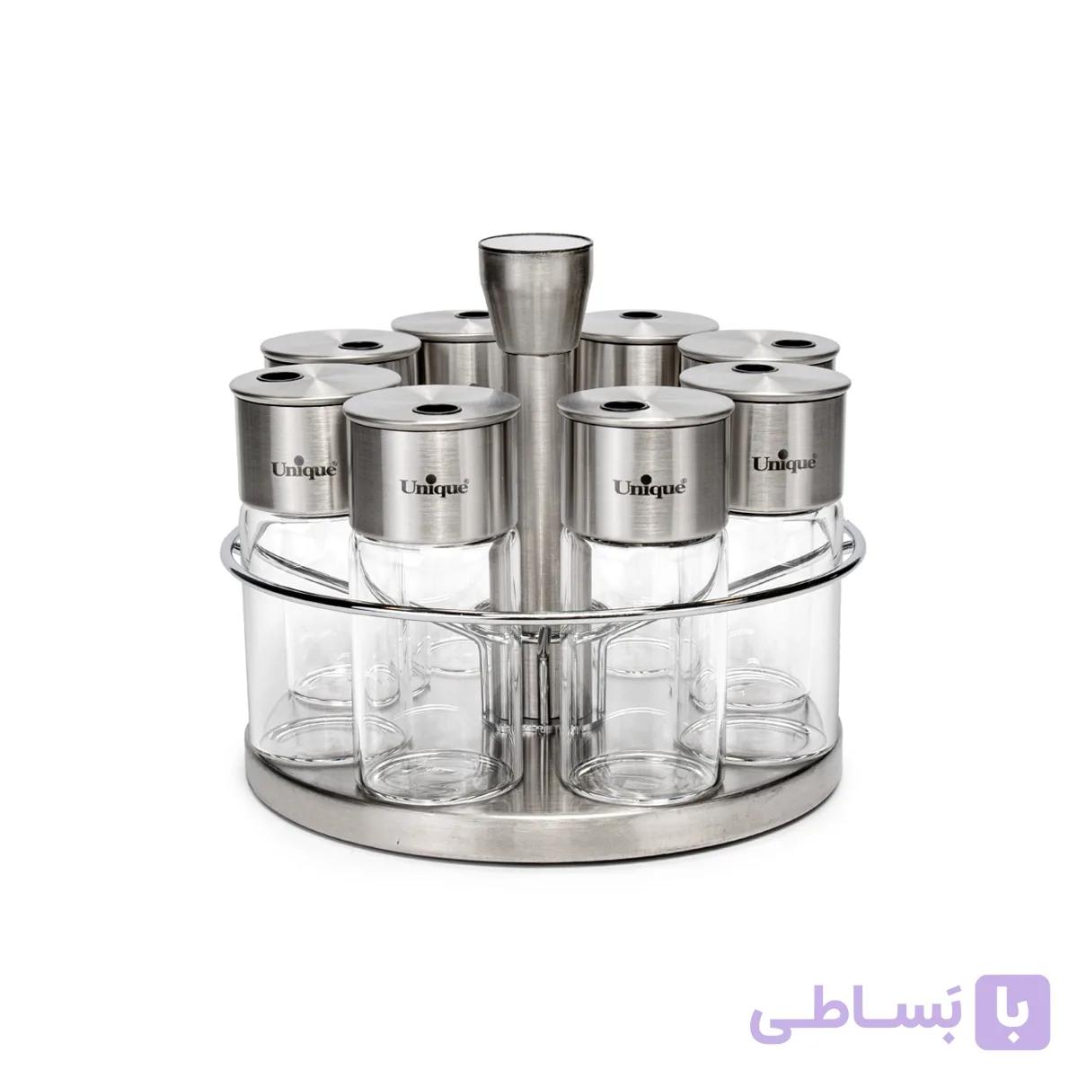 ست ادویه شیشه ای گرد یونیک گردان مدل 1622 مجموعه 8 عددی — تصویر 1