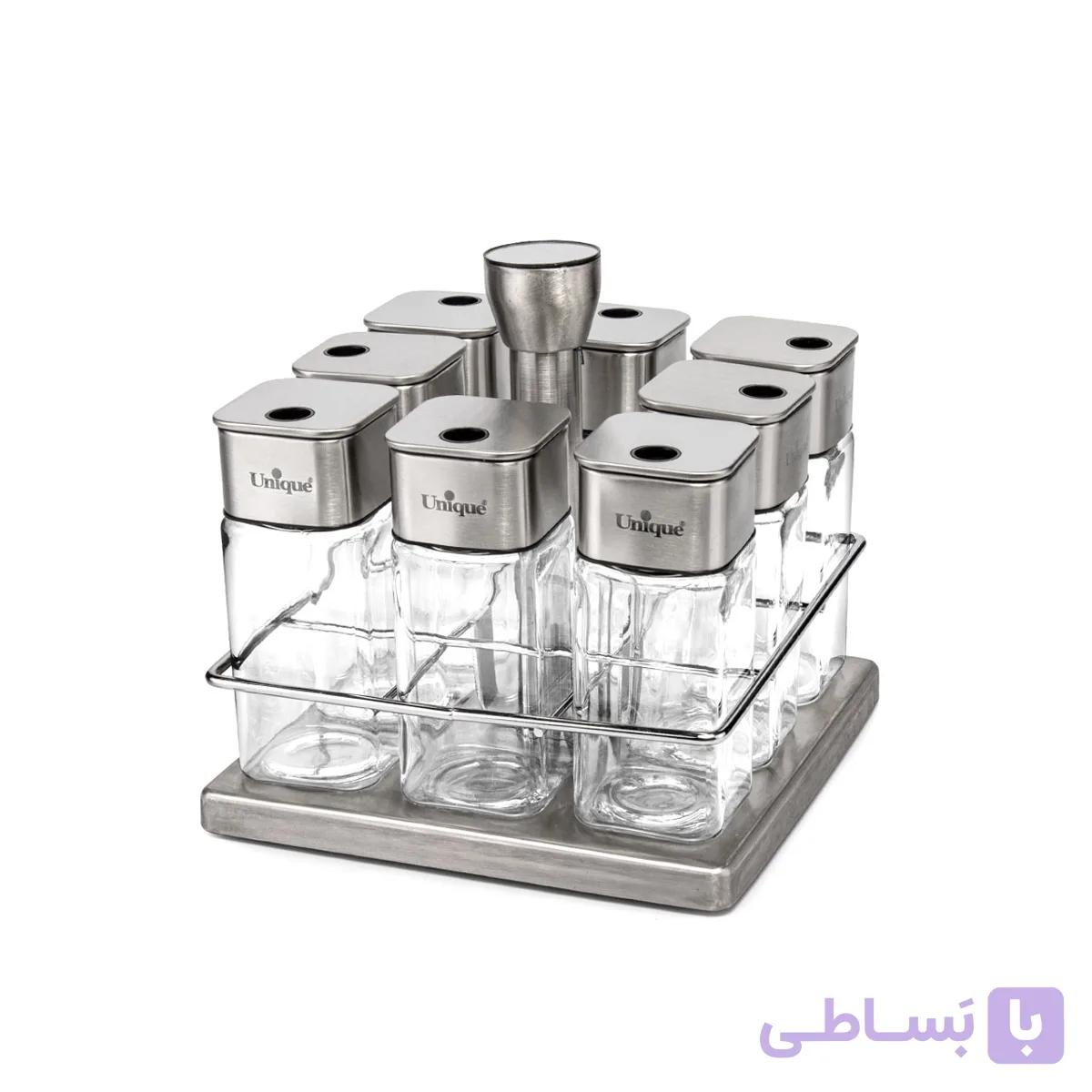 ست ادویه شیشه ای مربع یونیک گردان مدل 1623 مجموعه 8 عددی — تصویر 1