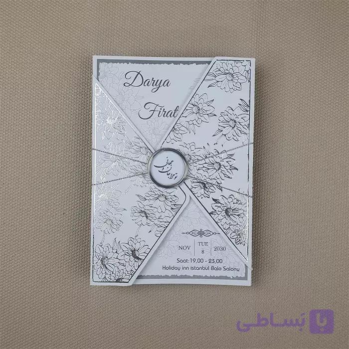 کارت عروسی فلورال گلاسه نقره کوب سفید کد 6351 — تصویر 1
