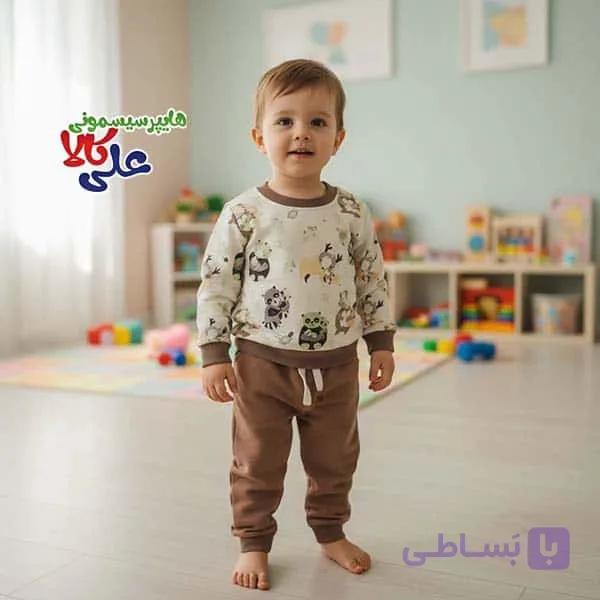 ست پیراهن و شلوار سولو قهوه ای طرح حیوانات کد 911