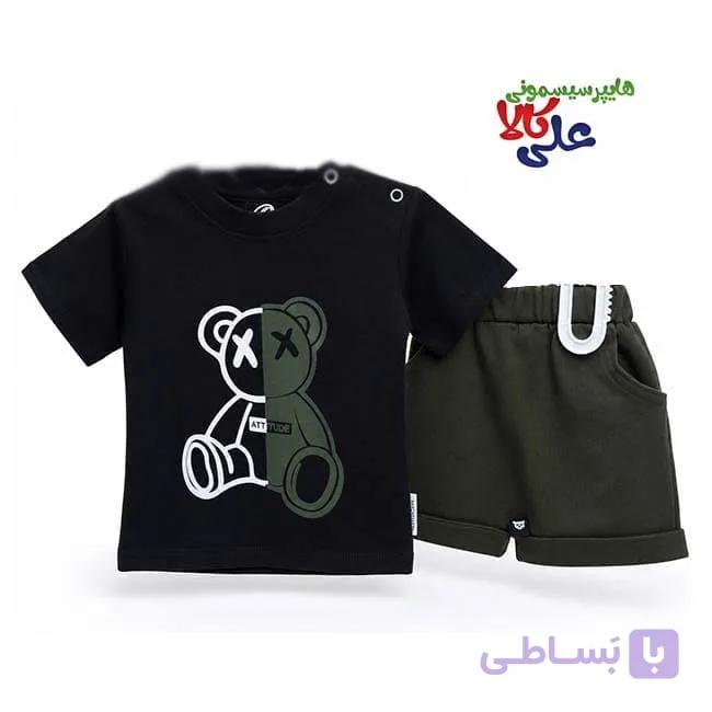 تیشرت و شلوارک مشکی و سبز طرح خرس چشم ضربدری