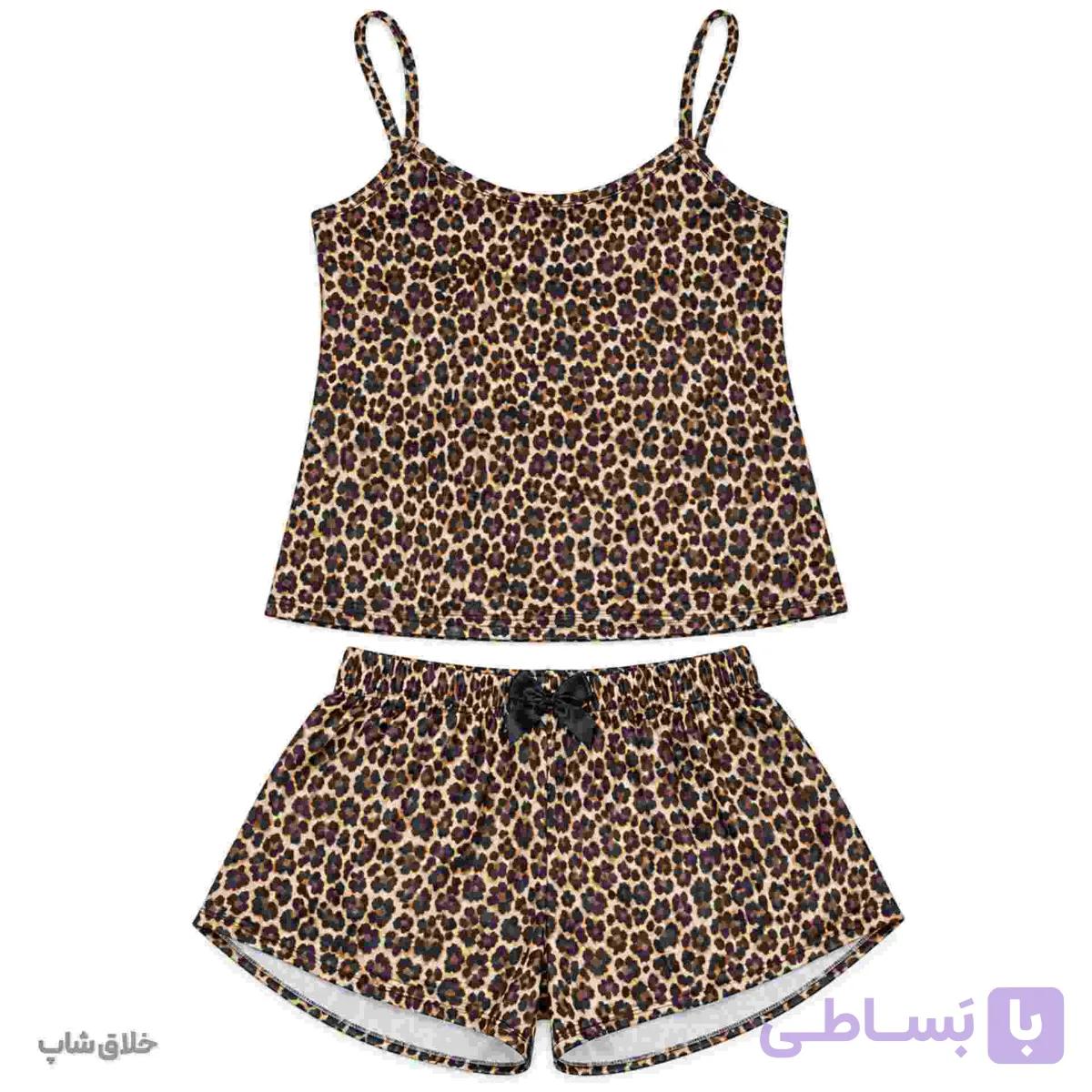 لباس خواب زنانه طرح پلنگی قهوه ای (تاپ-شلوارک) — تصویر 1