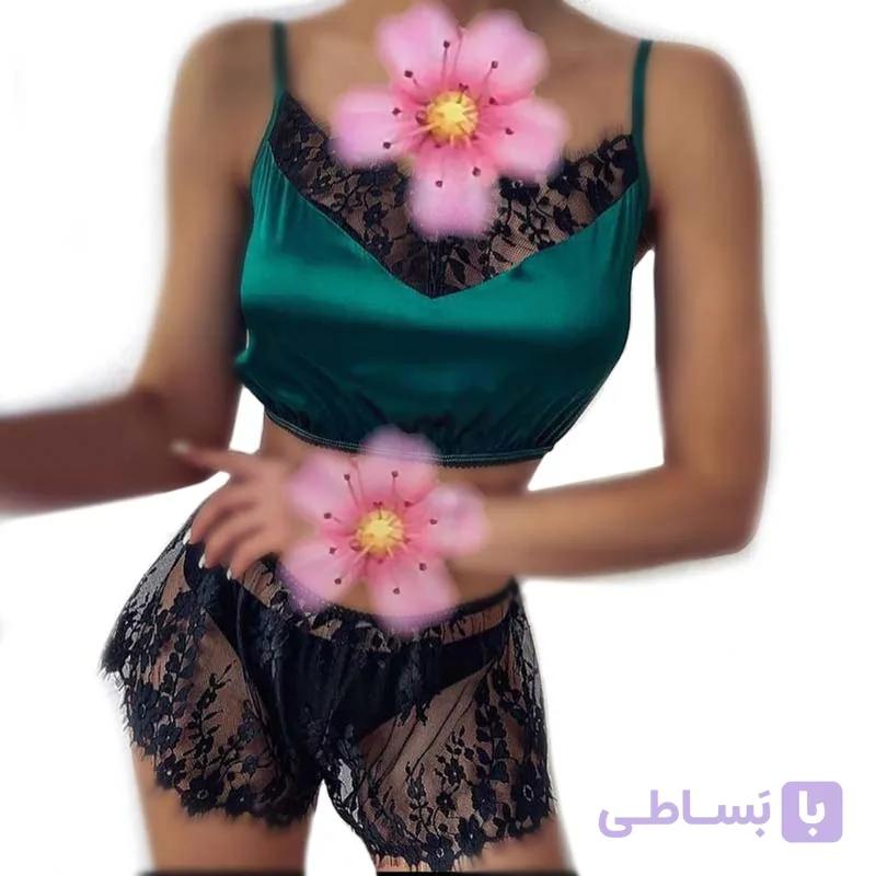 لباس خواب زنانه تورمژه ساتن سبز (نیم تنه شلوارک) — تصویر 1