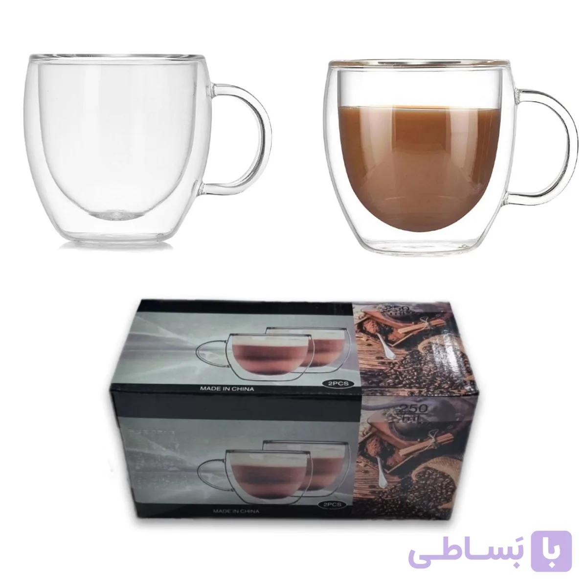 لیوان دوجداره دسته دار 2 عددی مدل پیرکس 250 میل — تصویر 1