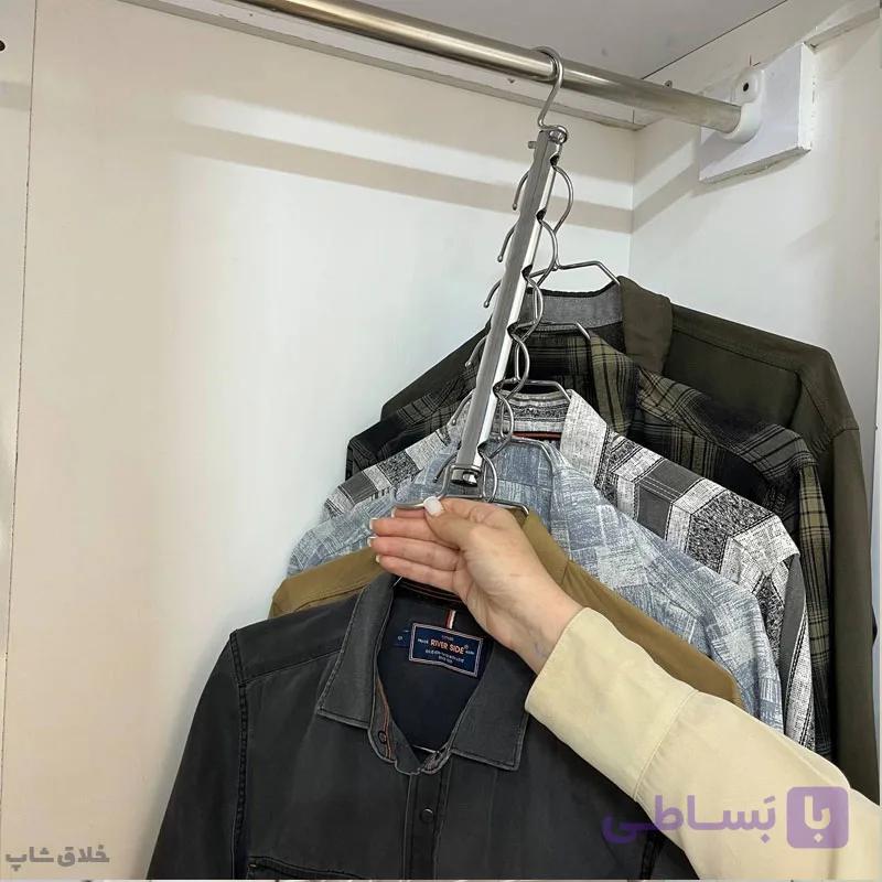 آویز لباس فلزی 6 قلاب برای پیراهن و کت و پالتو با 6 عدد چوب لباسی فلزی مدل کمان — تصویر 1