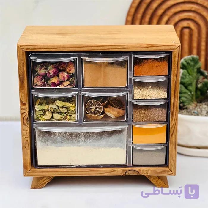 باکس آشپزخانه چوبی جا ادویه و جای دمنوش کشویی فایل دار — تصویر 1
