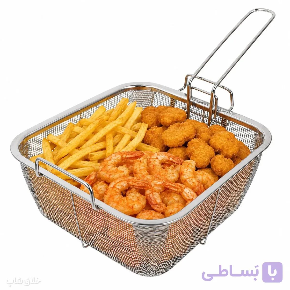 صافی توری سرخ کن استیل و سبد آبکش دسته تاشو مدل مربع — تصویر 1