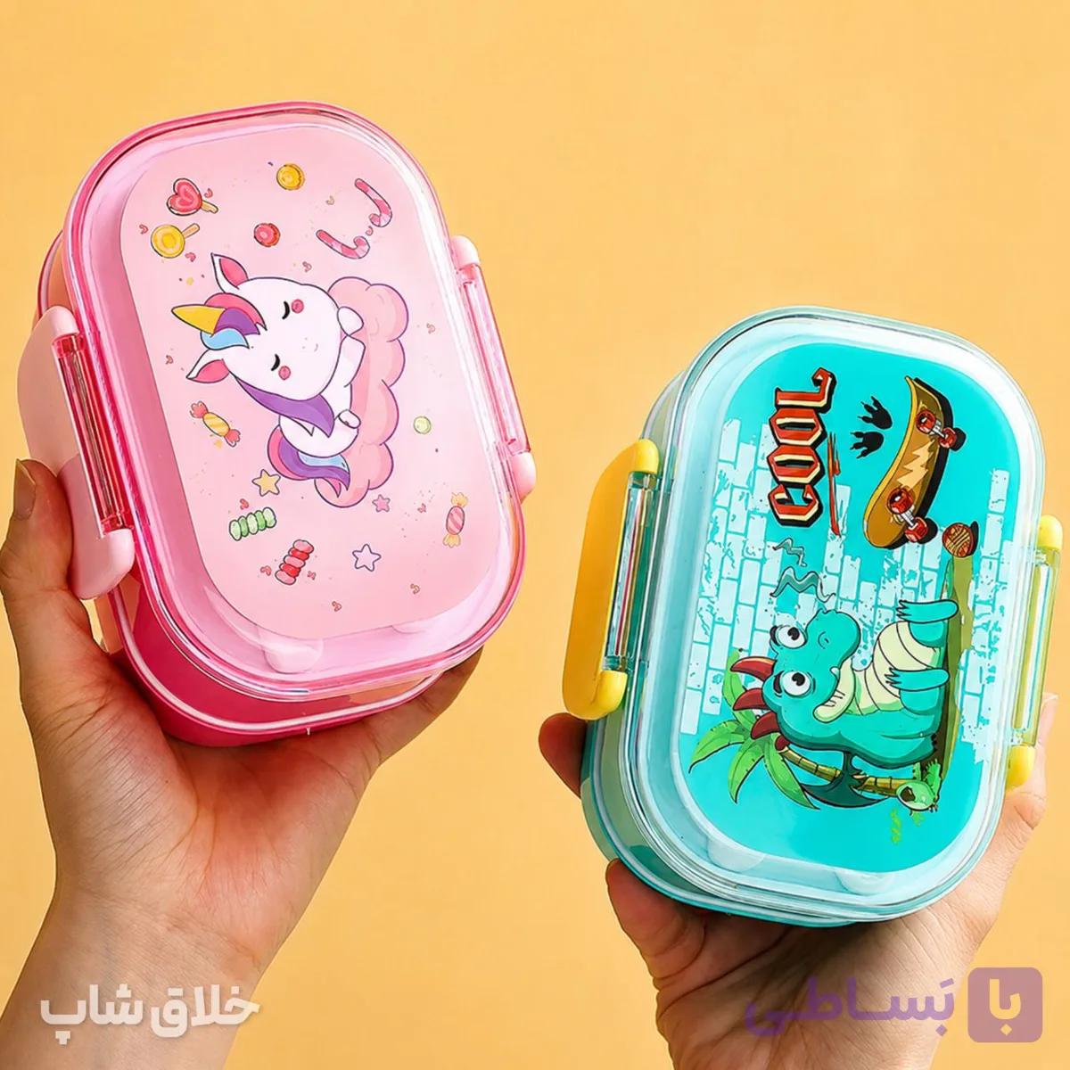 ظرف غذای مهد کودک و مدرسه عروسکی دوطبقه + قاشق چنگال — تصویر 1
