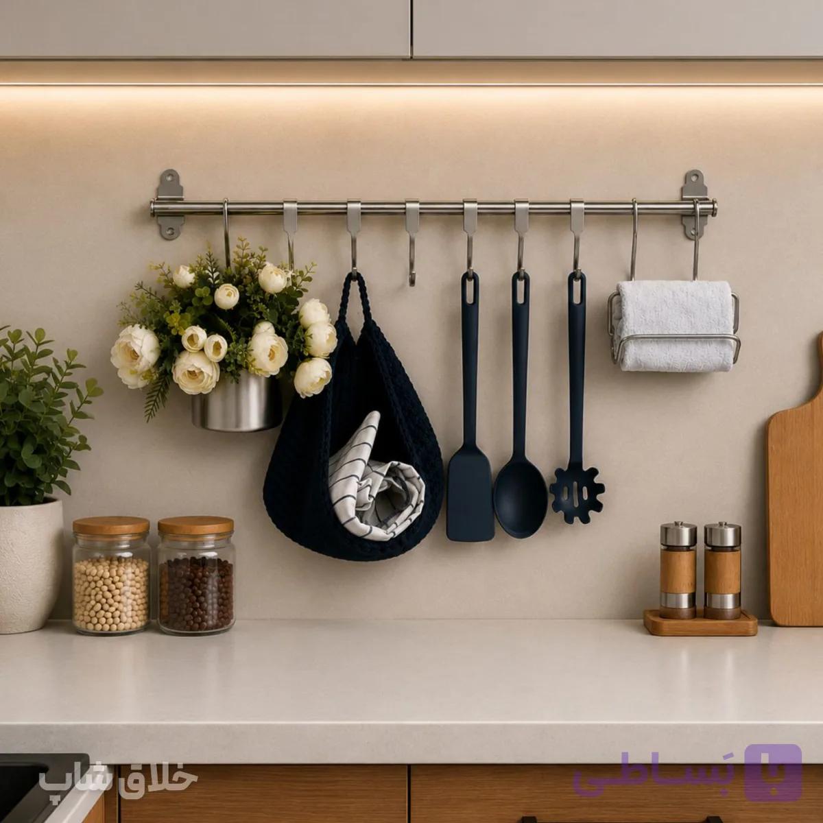 میله دیواری آشپزخانه و جا حوله ای گلدان دار سیلور — تصویر 1