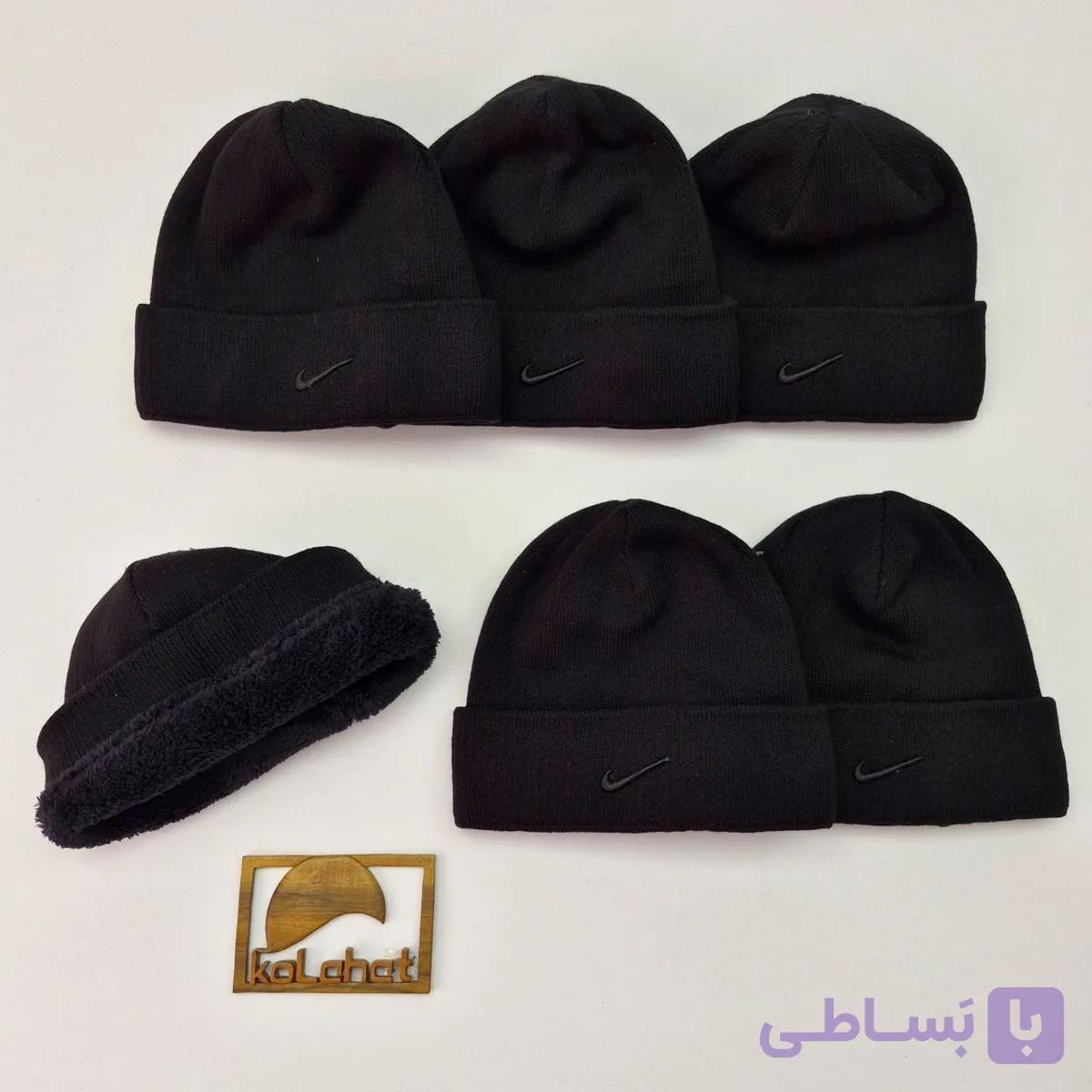 کلاه بافت داخل خز مشکی مردانه گلدوزی نایک