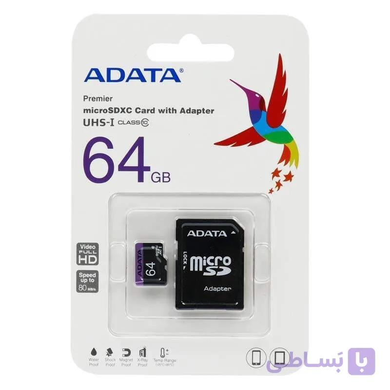 رم میکرو ۶۴ گیگ ای دیتا Adata Premier U1 C10 80MB/s + خشابAdata Premier U1 C10 80MB/s 64GB MicroSDHC Memory With Adapter