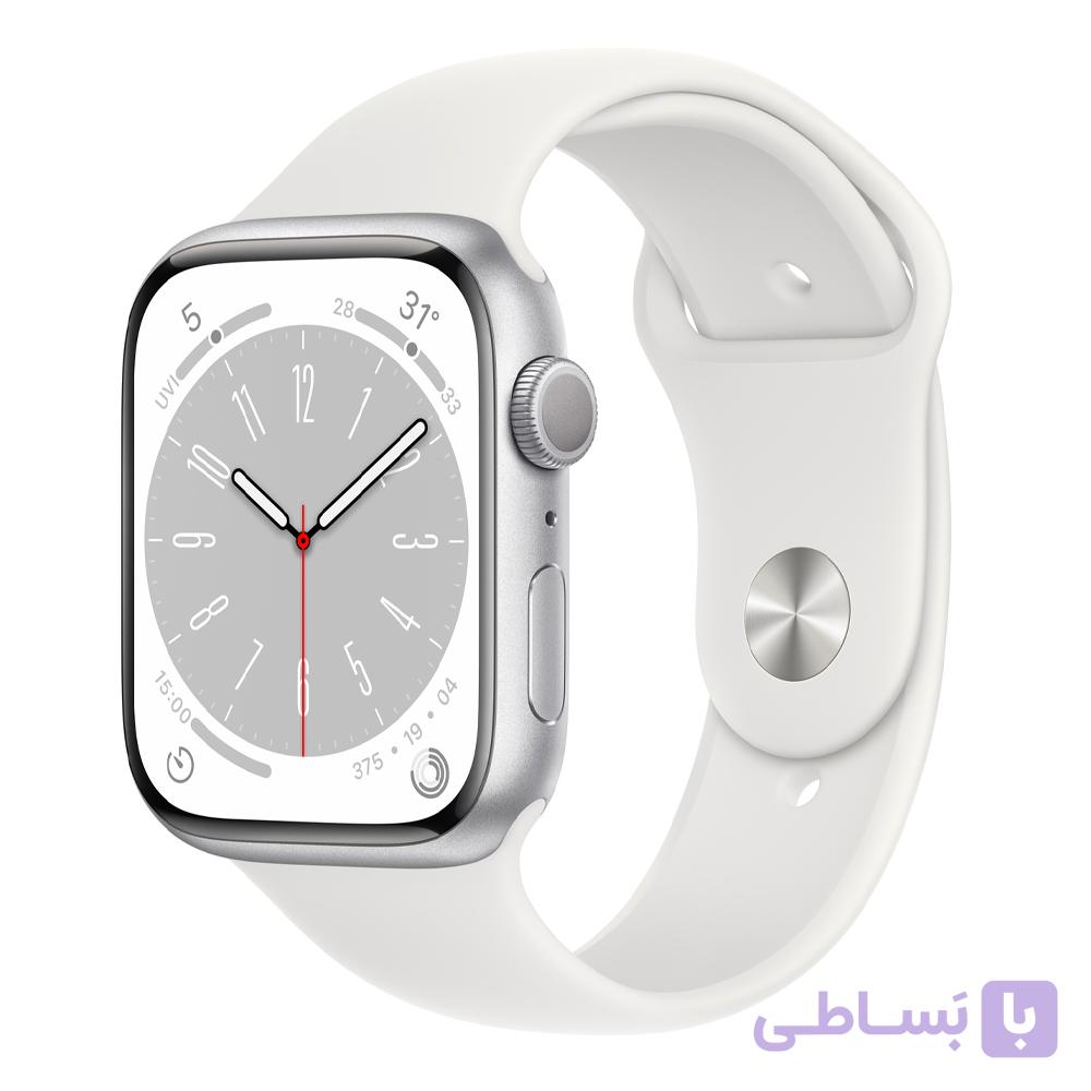 اپل واچ سری ۸ رنگ نقره‌ای با بند سفید – سایز 45 میلی‌متر — تصویر 1