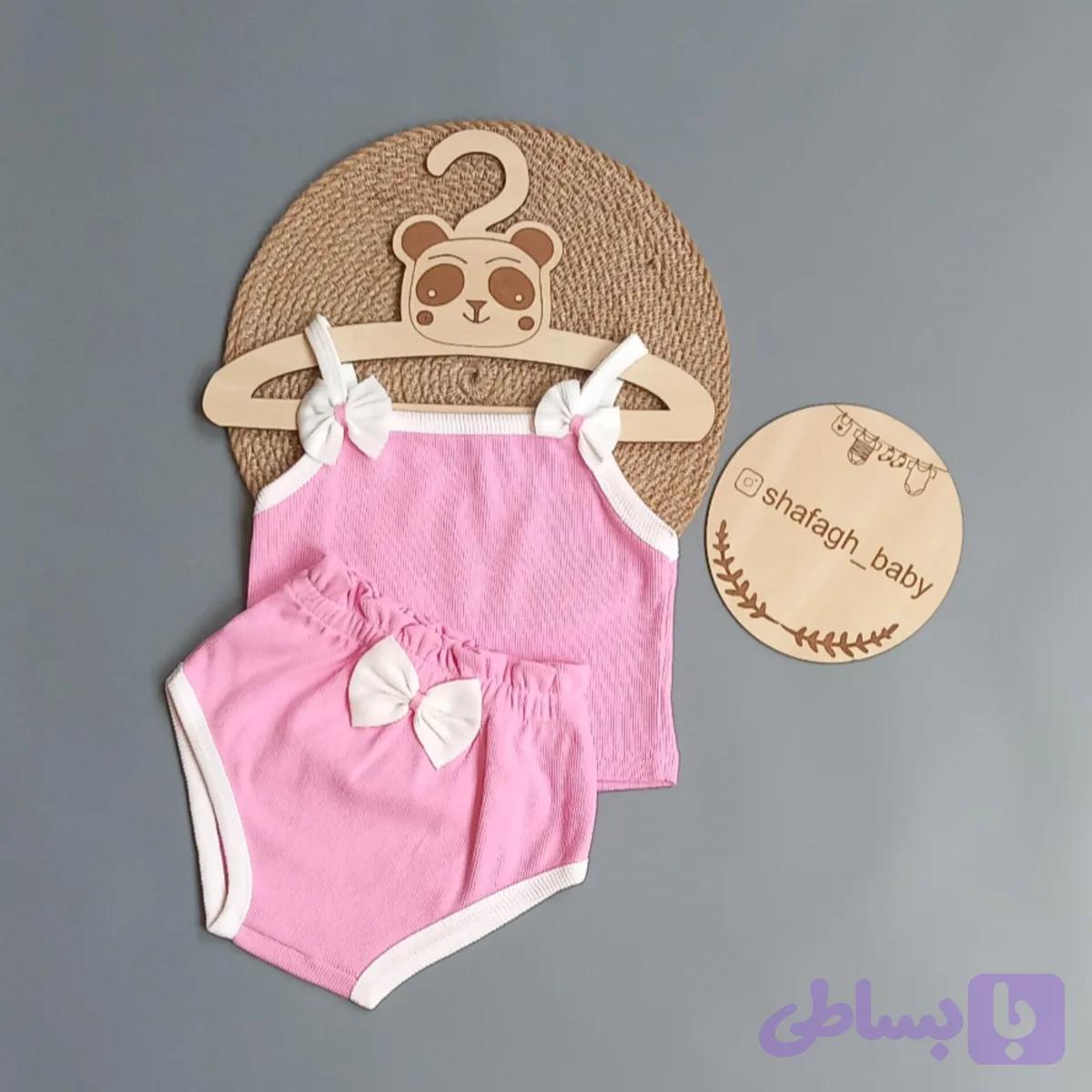 ست کراپ‌ و شورتک دخترانه نوزادی جنس کش پنبه کبریتی صورتی و کرم