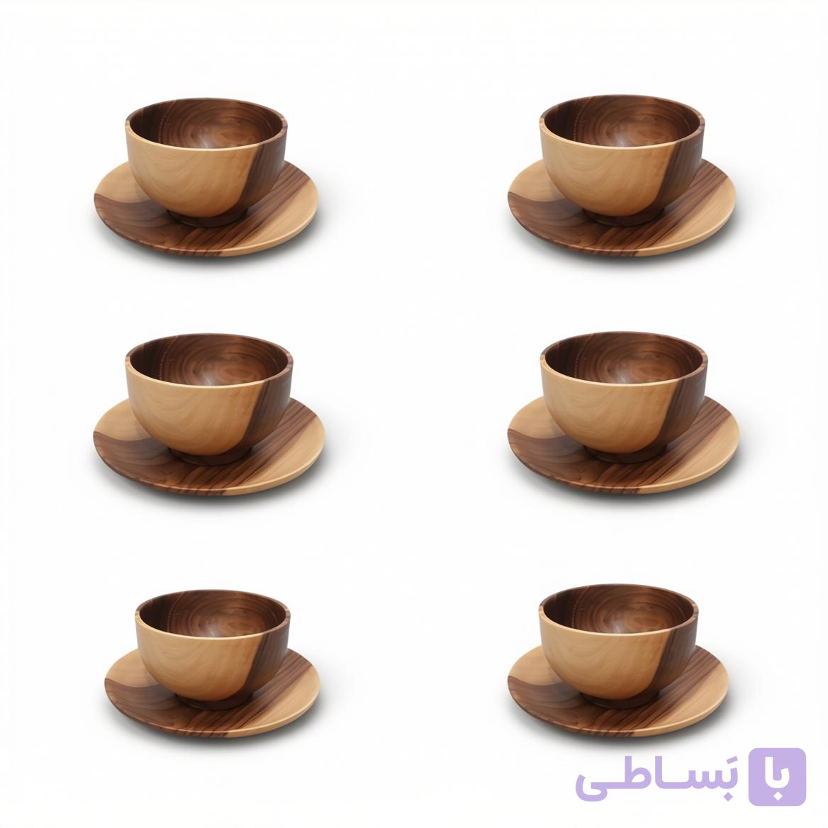 ست ۱۲ پارچه پذیرایی تمام چوب گردو - شامل ۶ عدد بشقاب (قطر ۲۰) و ۶ عدد پیاله (قطر ۱۲)
