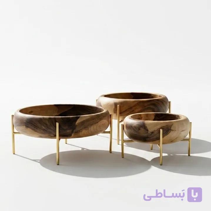 کاسه چوبی گردو با پایه های برنجی طلایی ست ۳ عددی