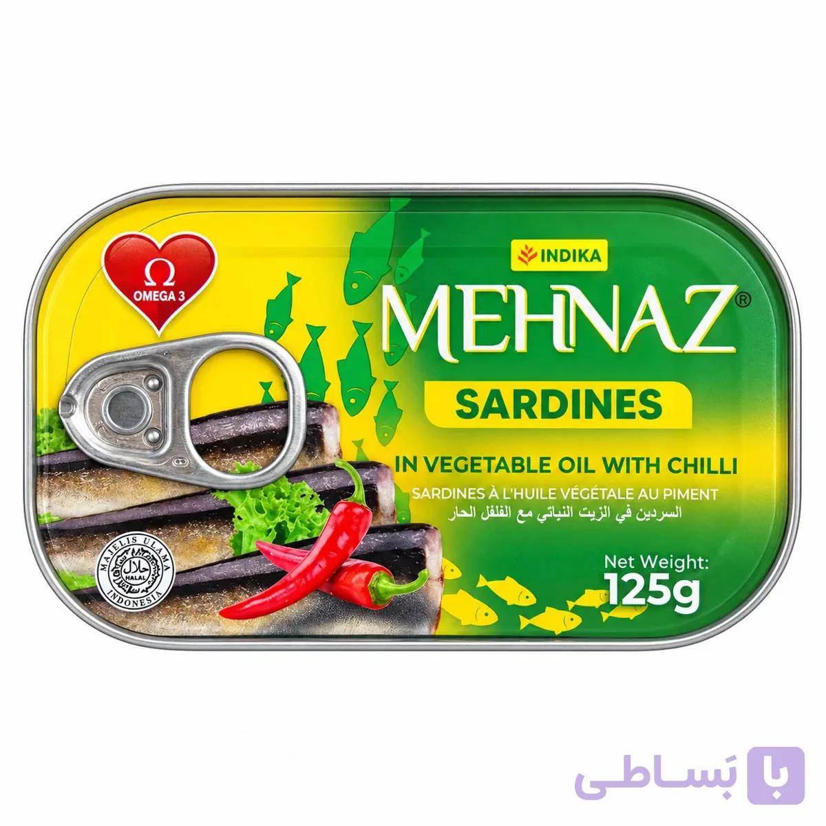 کنسرو ماهی ساردین MEHNAZ مدل Sardines In Vegetable Oil کنسرو ماهی ساردین MEHNAZ مدل Sardines in Vegetable Oil with Chilli اصل اورجینال وارداتی وزن ۱۲۵ گرم وزن ۱۲۵ گرم