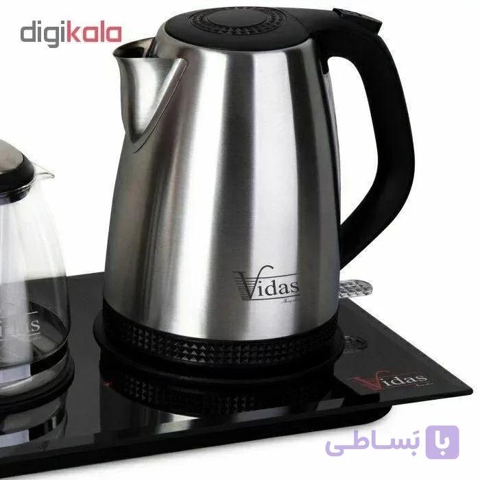 چای‌ساز ویداس 2083 کنار هم با قوری شیشه‌ای و صفحه گرم‌نگهدارنده
