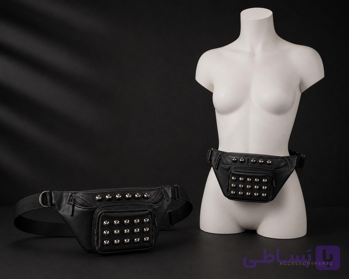 کیف کمری زنانه مدل Studded Rivet چرمی مشکی با جیب جلو اسپایکر دار