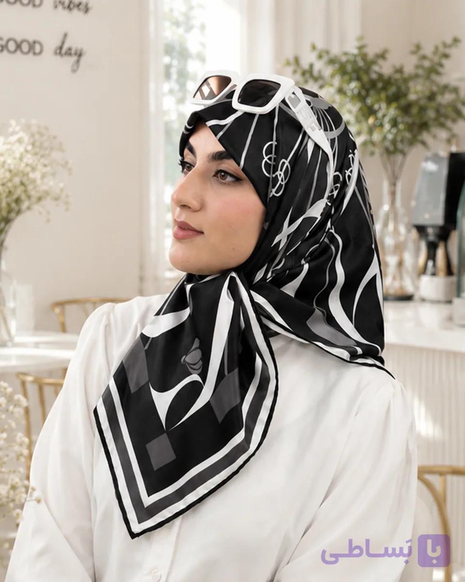 روسری ابریشم قواره 90 مشکی سفید | Code10440 — تصویر 1