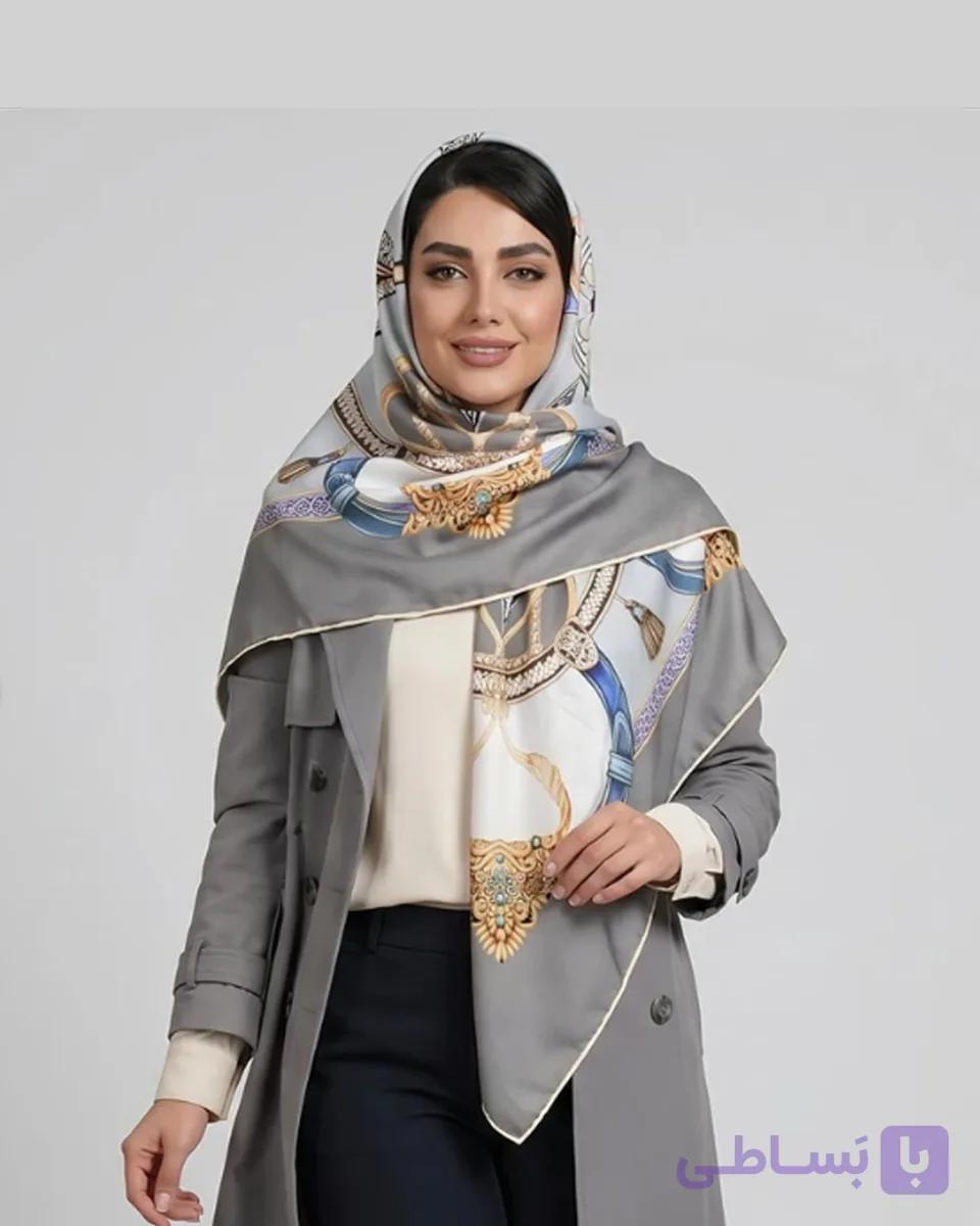روسری ابریشم طوسی | قواره 120| Code9605 — تصویر 1