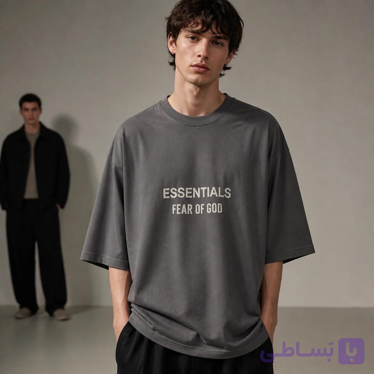 تیشرت مردانه Charcoal Grey با چاپ ESSENTIALS – فرم Oversized و باکسی