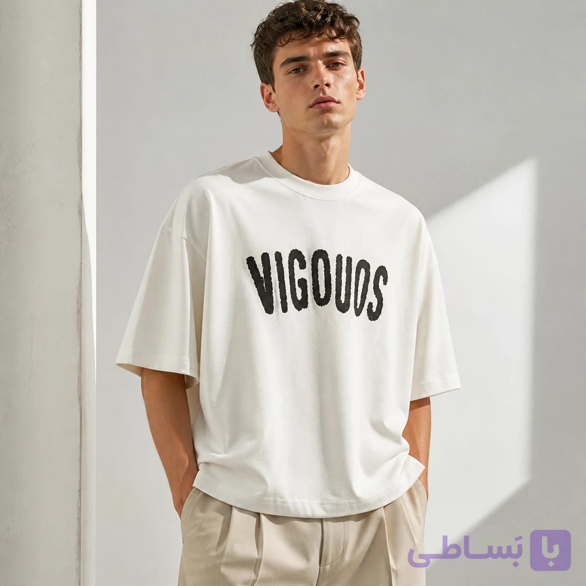تیشرت مردانه سفید WHITE Taupe Urban Print – فیت لش، سیلوئت باکسی مدرن