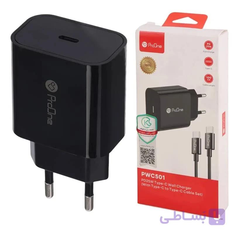 شارژر دیواری 25 وات پرووان PWC501 PD 3A + کابل تایپ سی — تصویر 1