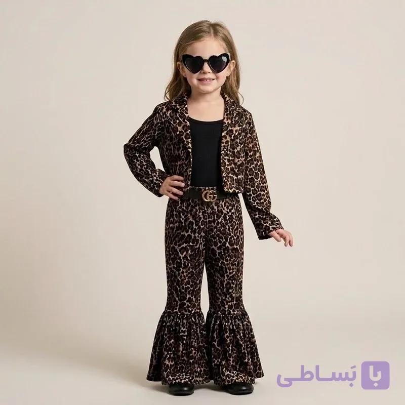 ست سه تکه دخترانه پلنگی شامل کت و شلوار و تاپ — تصویر 1