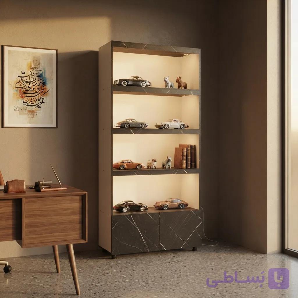 عرض ۸۰  عمق ۳۰  ارتفاع ۱۹۰  چهار طبقه لامپ دار LED دو باکس پایین  مشکی طرح سنگ پایه های قابل تنظیم