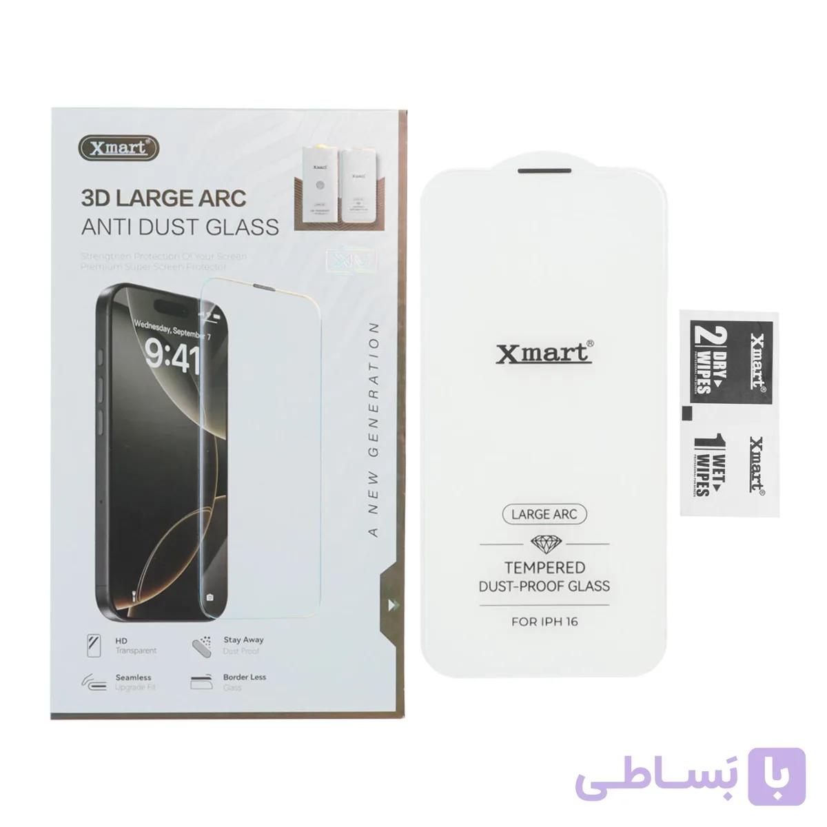 محافظ صفحه نمایش شیشه ای Xmart 3D Large Arc مدل Apple iPhone 16 بدون حاشیه (پک دار)