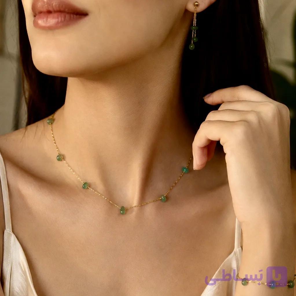 ست سنگ طبیعی آونتورین سبز با زنجیر؛ گردنبند، دستبند و گوشواره