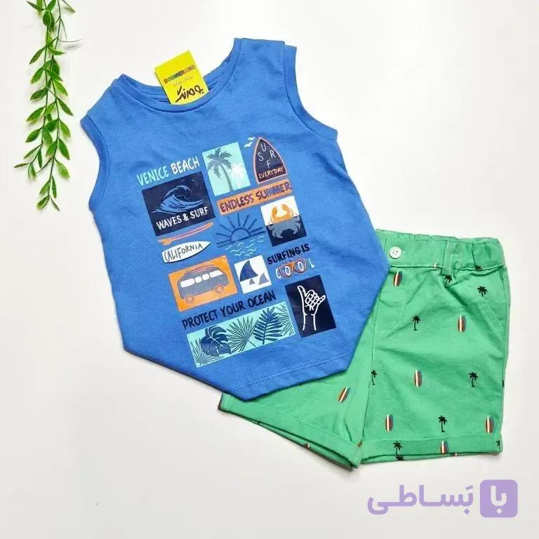 تاپ و شلوارک پسرانه طرح ساحلی جنس پنبه و کتان سایز 1 تا 4 سال — تصویر 1