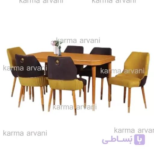 میز و صندلی ناهار خوری 6 نفره چوبی رافائل زرد و مشکی  پشت صندلی شیاری 155*90*77 برند صنعت چوب کارما