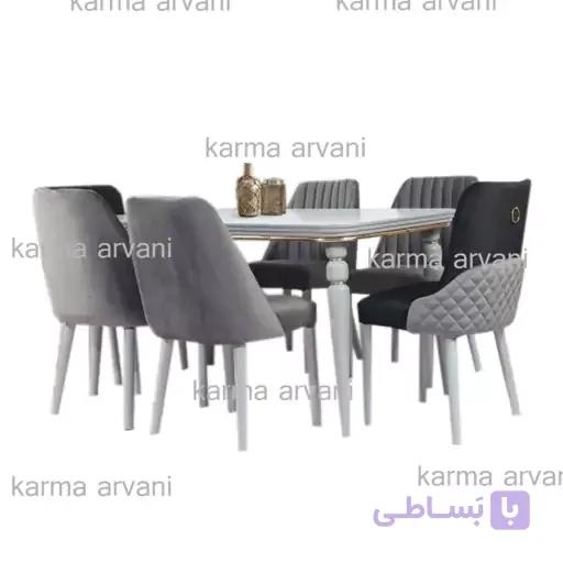 میز و صندلی ناهار خوری 6 نفره چوبی ونوس طوسی روشن و تیره 155*90*77 برند صنعت چوب کارما