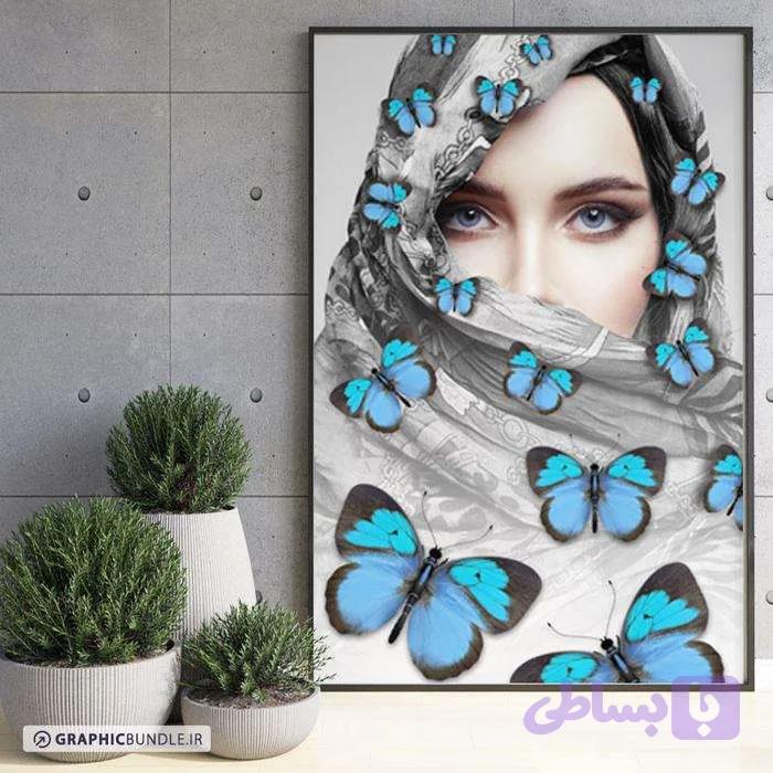 چاپ تابلو دکوراتیو 3 تکه طرح پروانه فیروزه ای و طلایی
