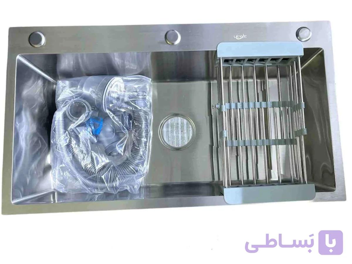 سینک ظرفشویی دست ساز کروم مات50*100دو لگن با سیفون وسبد