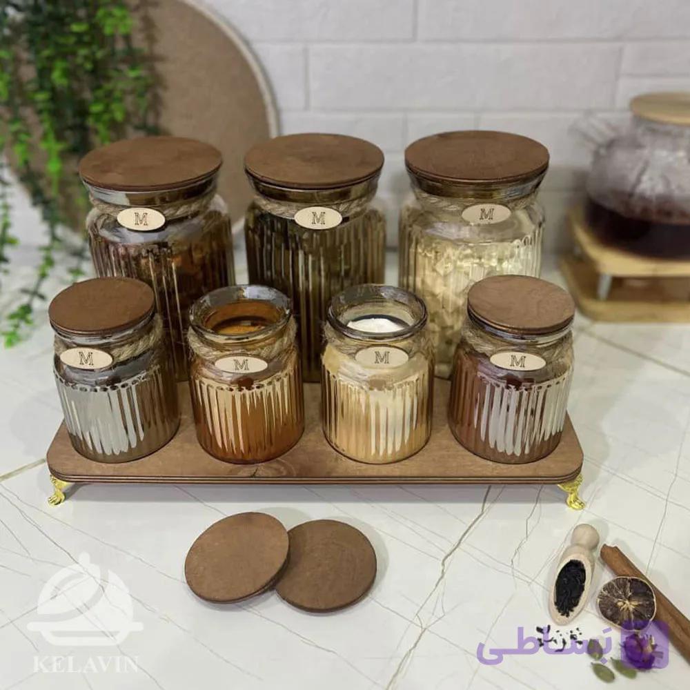 ست پاسماوری ۷ تکه شیشه شامپاینی درب چوبی
