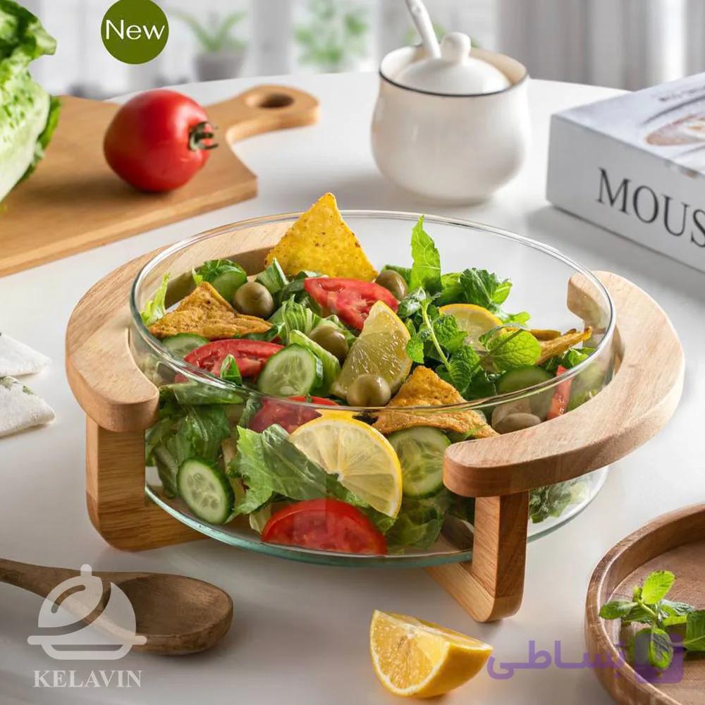 سالادخوری شیشه ای آیسان با استند چوبی لوکس
