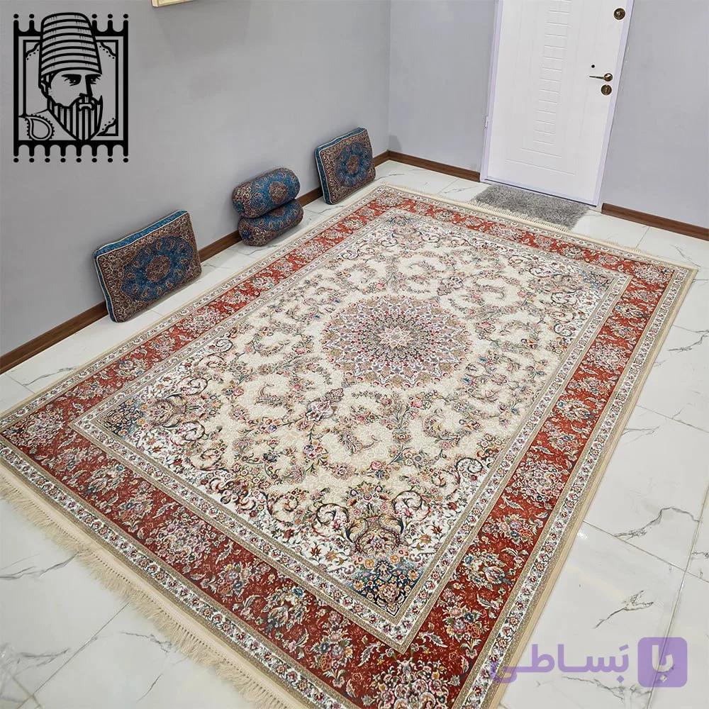 فرش ۱۲۰۰ شانه ترنج کرم حاشیه گلبهی — تصویر 1