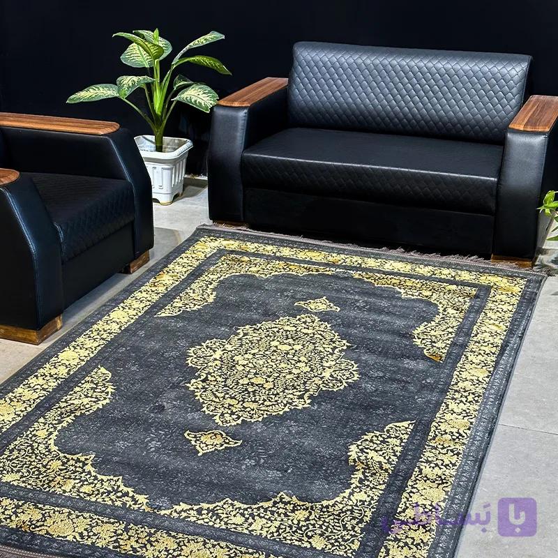 فرش ماشینی وینتیج طرح آرین کد 70048 ذغالی طلایی — تصویر 1