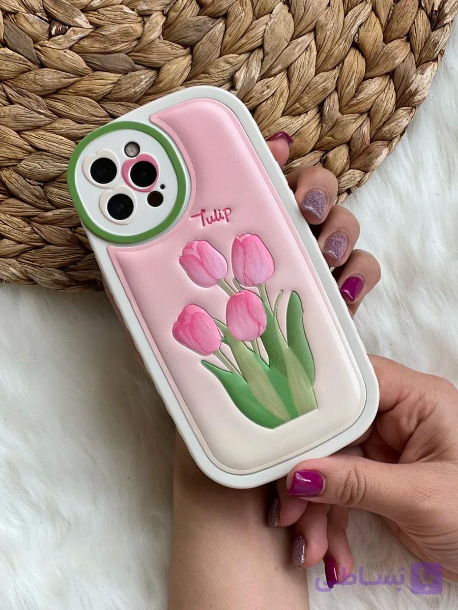 قاب موبایل آیفون گل لاله برجسته تولیپ صورتی — تصویر 1