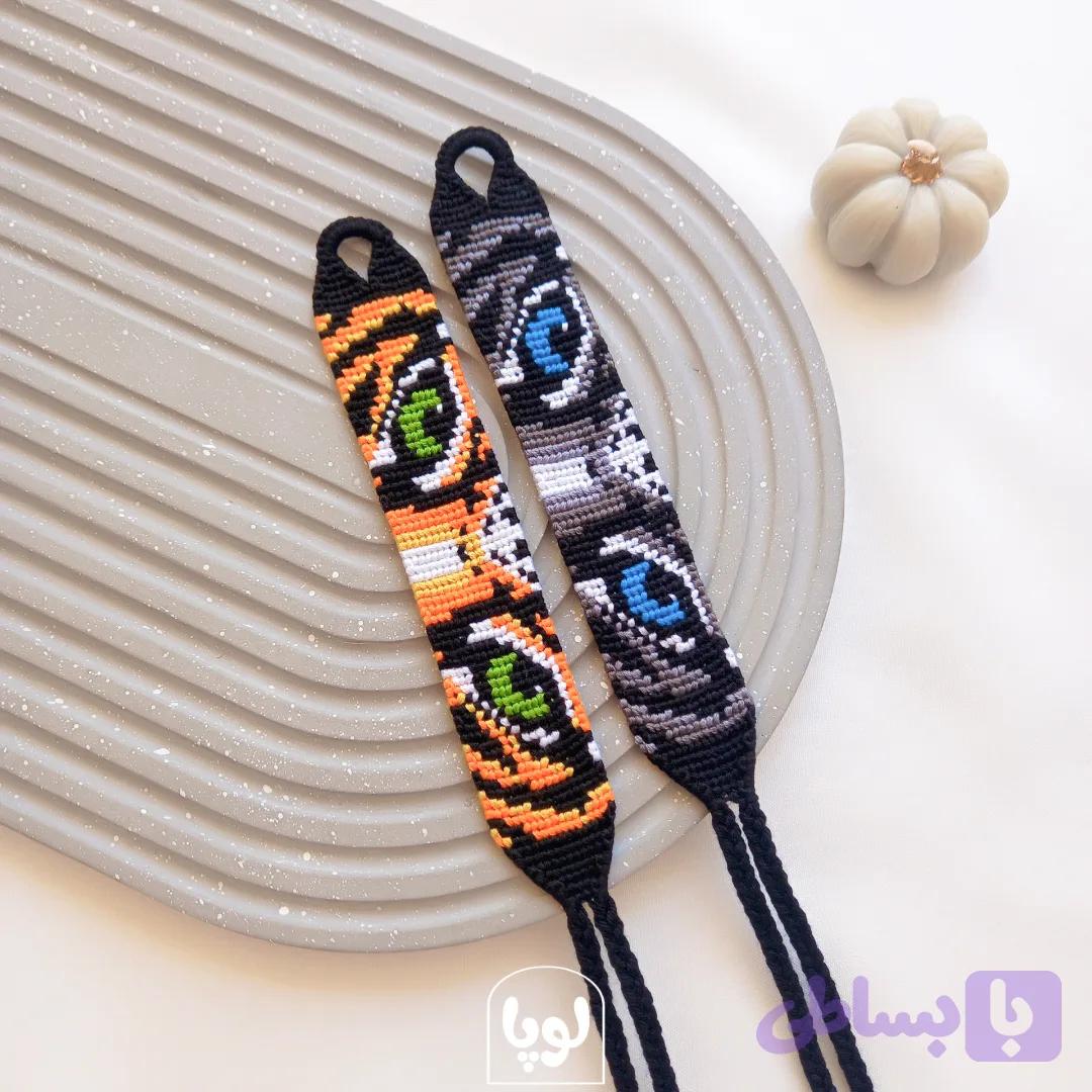 دستبند دستبافت پسرانه چشم ببر رنگ طوسی و نارنجی