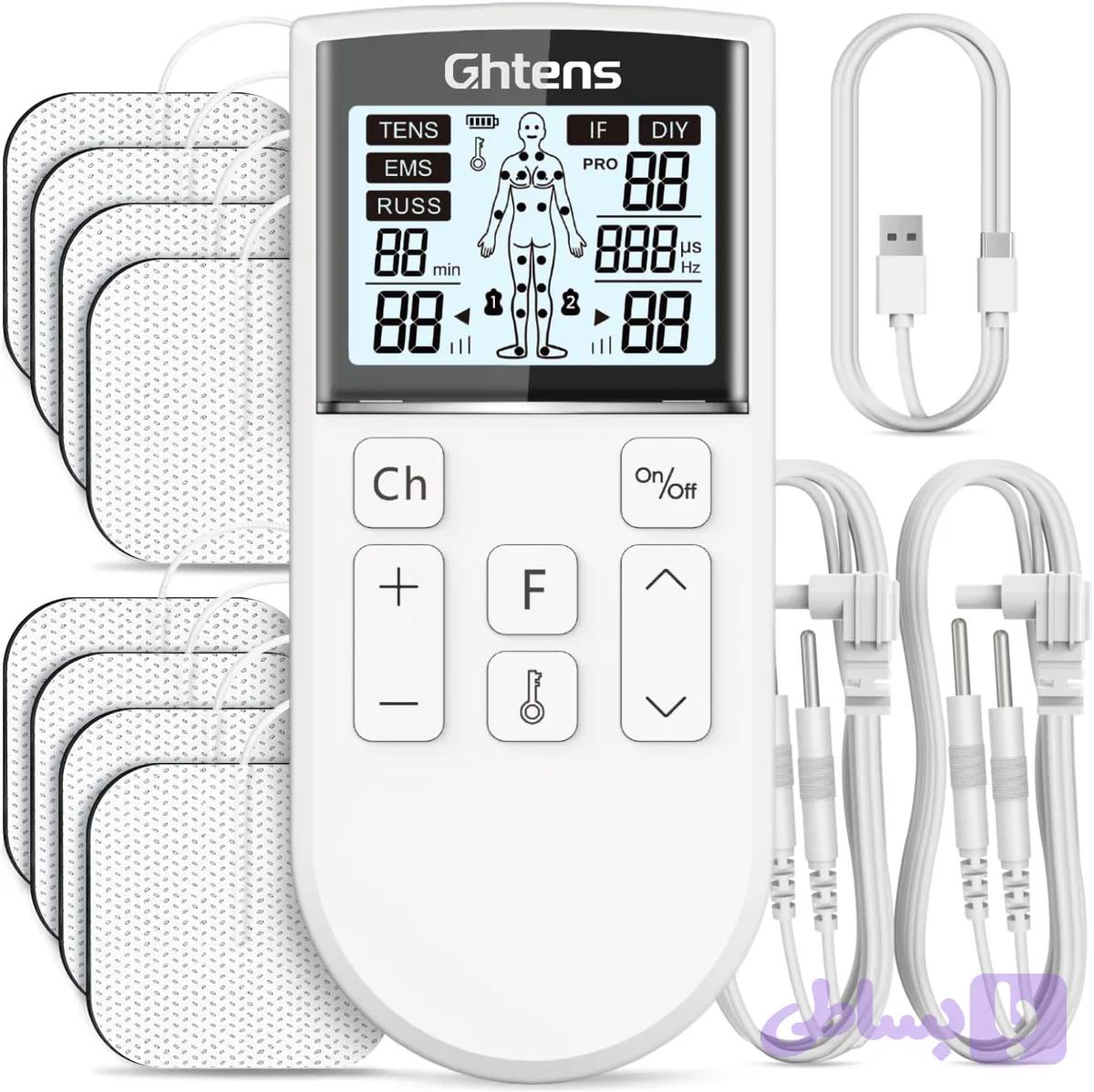 دستگاه تحریک‌کننده عصب و عضله جی‌اچ‌تنس (Ghtens) مدل KTR-2640، ۵ در ۱ (TENS، EMS، RUSS، IF، DIY)، ۸۰ برنامه، ۲ کانال، ۸ الکترود، شارژی — تصویر 1