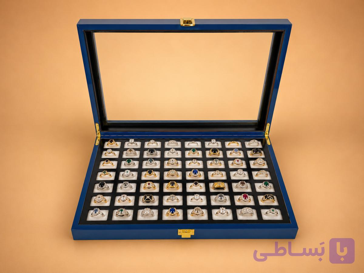 جعبه انگشتر 56 عددی هایگلاس با درب شیشه‌ای ویترینی با قفل فلزی — تصویر 1