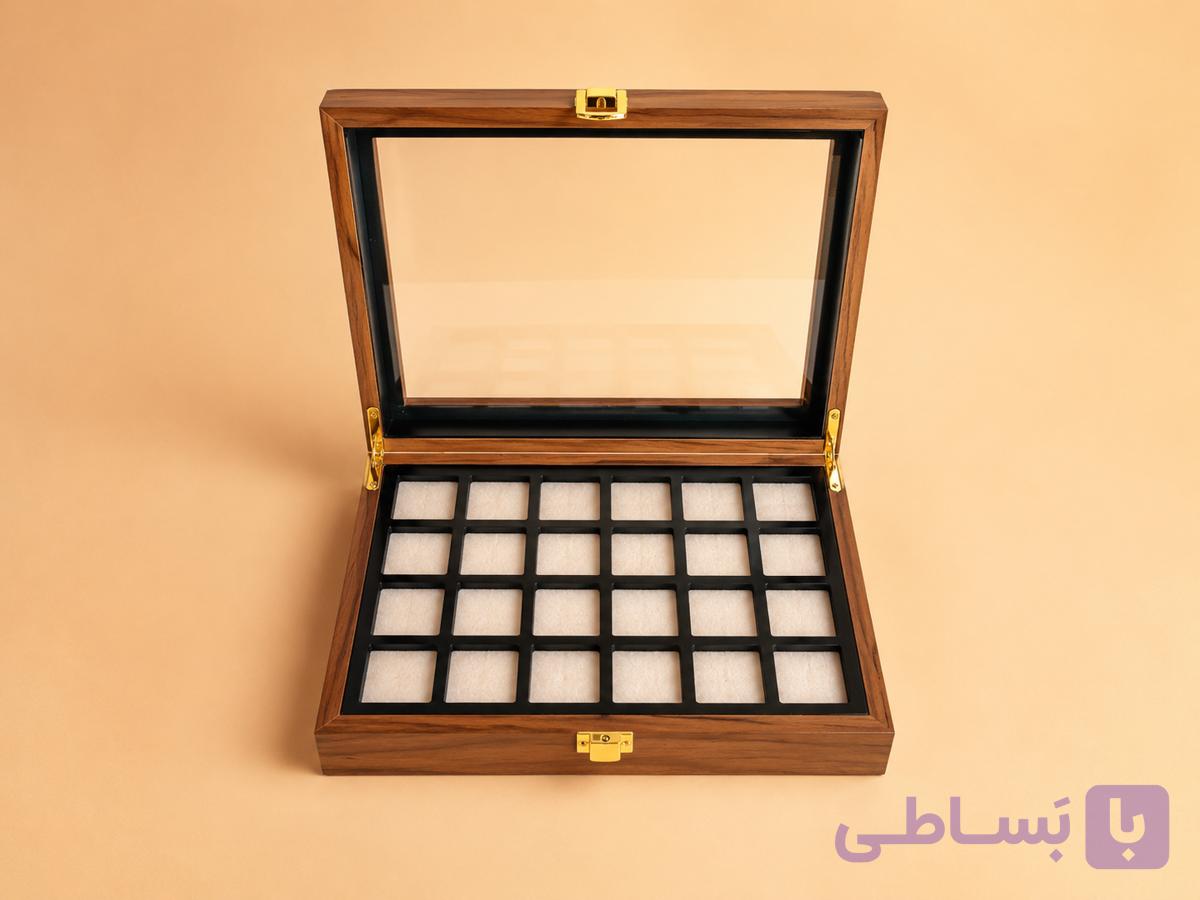 جعبه انگشتر ۲۰ عددی هایگلاس با درب شیشه‌ای ویترینی با قفل فلزی — تصویر 1