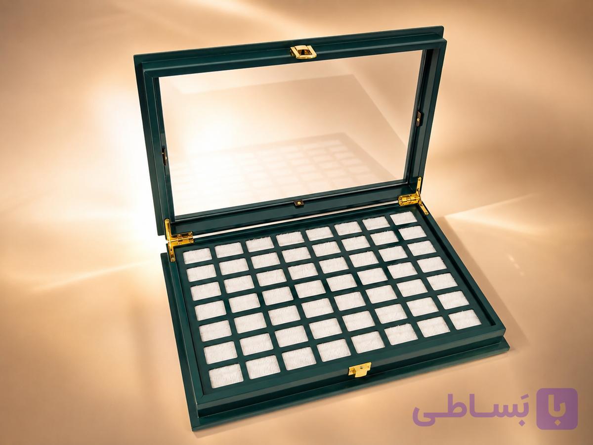 جعبه جای انگشتری 56 عددی  با قفل و لولای فلزی لوکس چوب هشت میل درب چوبی (سبز آبی) — تصویر 1
