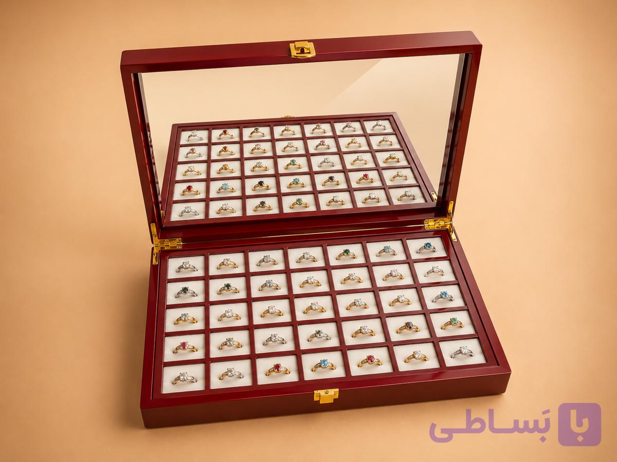 جعبه جای انگشتری 40 عددی  با قفل و لولای فلزی لوکس هایگلاس هشت میل درب چوبی و آینه دار زرشکی — تصویر 1